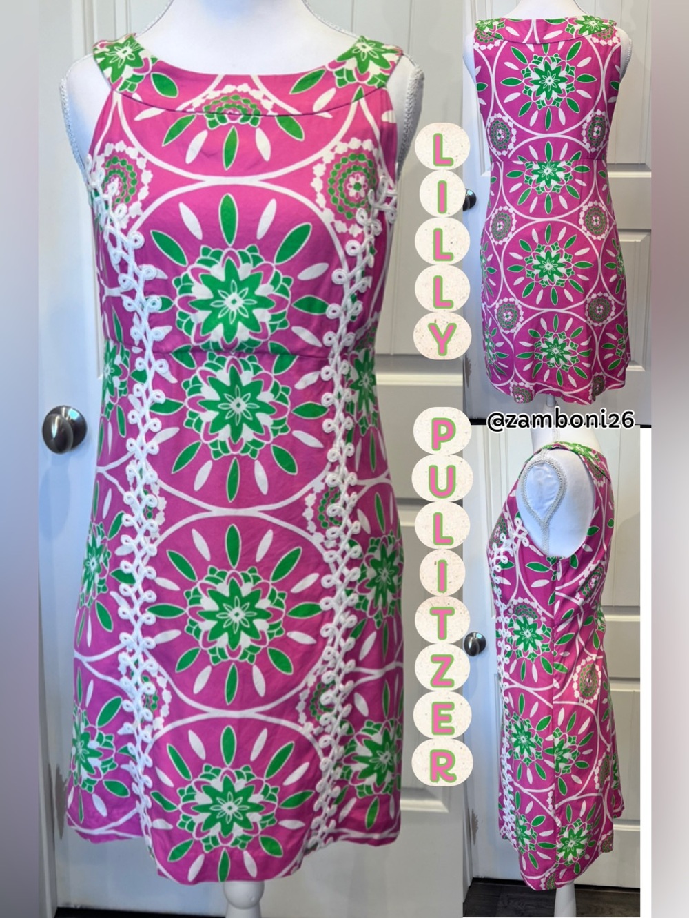 Lilly Pulitzer Silk Hibiscus Pink Gather Round Jacqueline Dress Ric Rac Trim Sz4